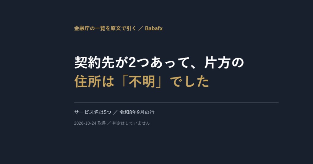 Babafx・ババオプション｜契約先が2つあって、片方の住所は「不明」と書かれています